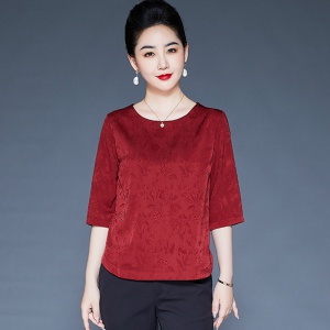  仿真絲印花泡泡袖上衣2023夏季新款中年媽媽裝寬松大碼T恤小衫